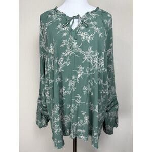 Torrid Women's Blouse Top Tunic Sz 1X? (No tag) Green Long Sleeves Floral Birds